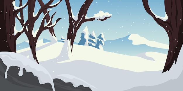冬の木と山の背景のイラスト プレミアムベクター