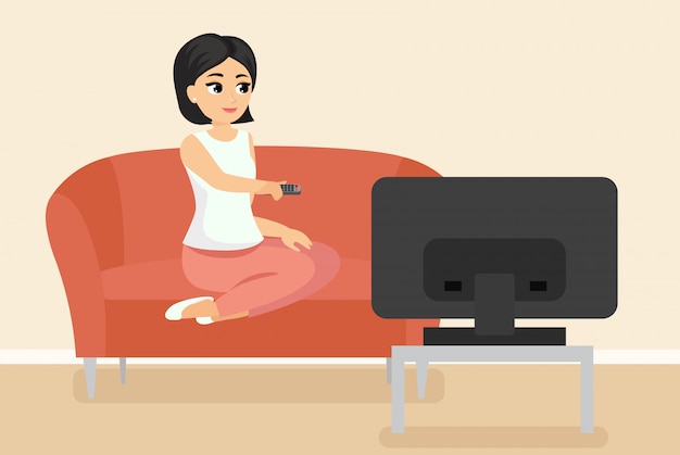 テレビを見ながらソファに座っている女性のイラスト 漫画eのテレビ画面の前のソファーに若い大人の女の子 プレミアムベクター