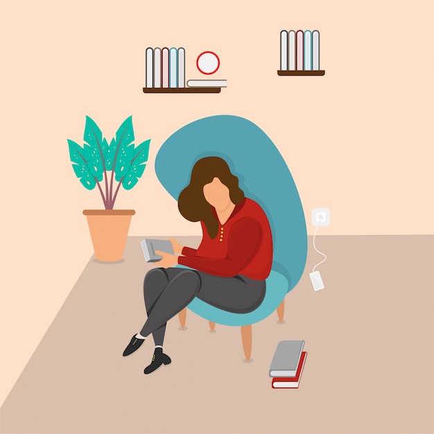 ソファーで本を読んで座っている女性のイラスト プレミアムベクター