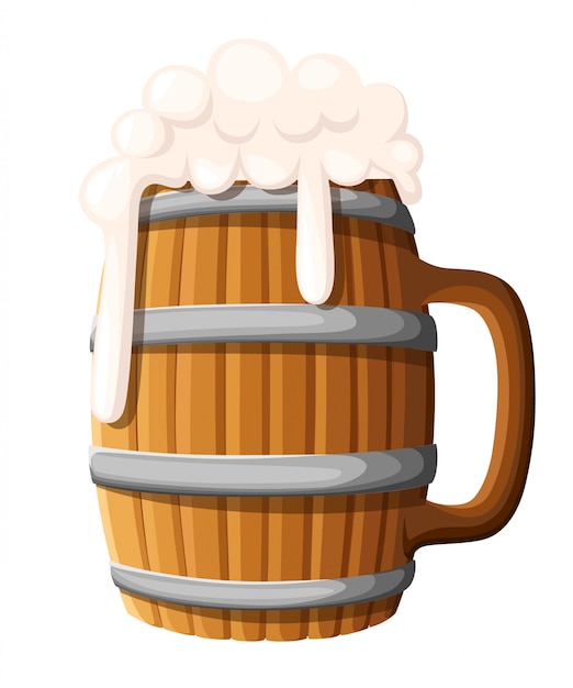 背景に木製のビールジョッキのイラスト ビール ラガー または泡の頭を持つエールの古い木製カップ パブとバーのメニュー アルコール飲料のラベル 醸造所のシンボル プレミアムベクター