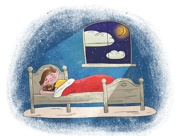 テディベアとベッドで寝ている少年のイラスト プレミアムベクター