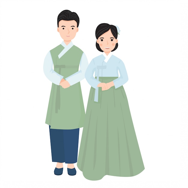 韓国の伝統的なウェディングドレスの若いカップルのイラスト プレミアムベクター