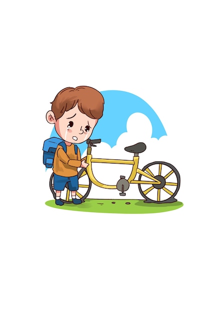 自転車で悲しい幼い子供のイラスト プレミアムベクター