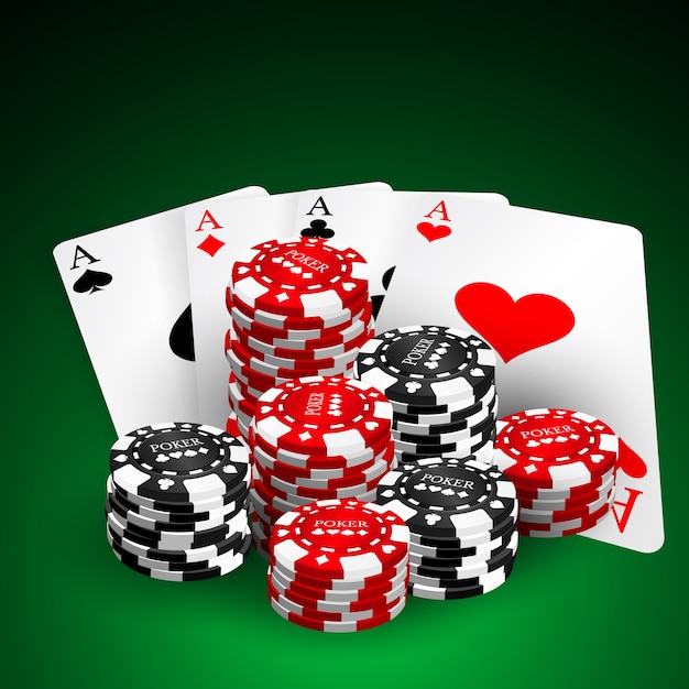 暗い背景にチップとplayigカードを再生するカジノテーマのイラスト ギャンブルのデザイン要素 4つのエースとポーカーチップがスタックします プレミアムベクター