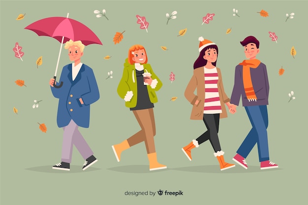 Illustration of people walking in autumn Vector | Free Download