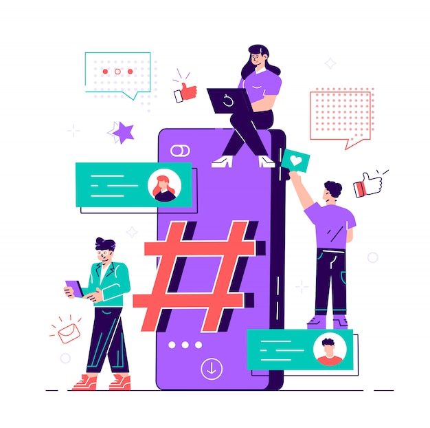 Illustration, phone with hashtag sign, people and social networks. flat style modern design  illustr