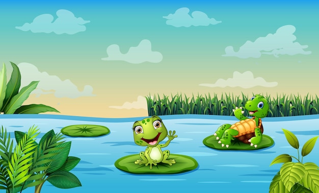 Premium Vector | Illustration of a pond scene with frog and turtle sits ...