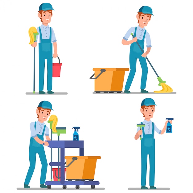 Premium Vector Illustration Of Professional Janitor With Many