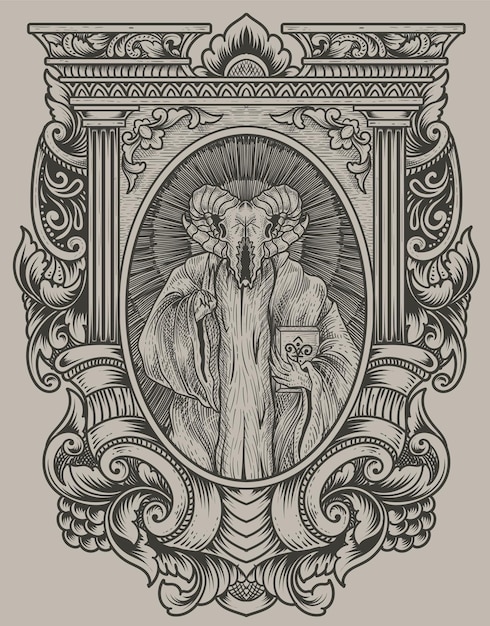 Premium Vector | Illustration scary goat skull on engraving ornament frame