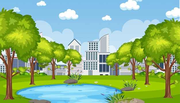 Premium Vector | Illustration of scene with city builsing and pond in ...