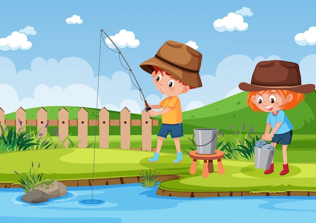 Premium Vector | Illustration of scene with kids fishing in the park