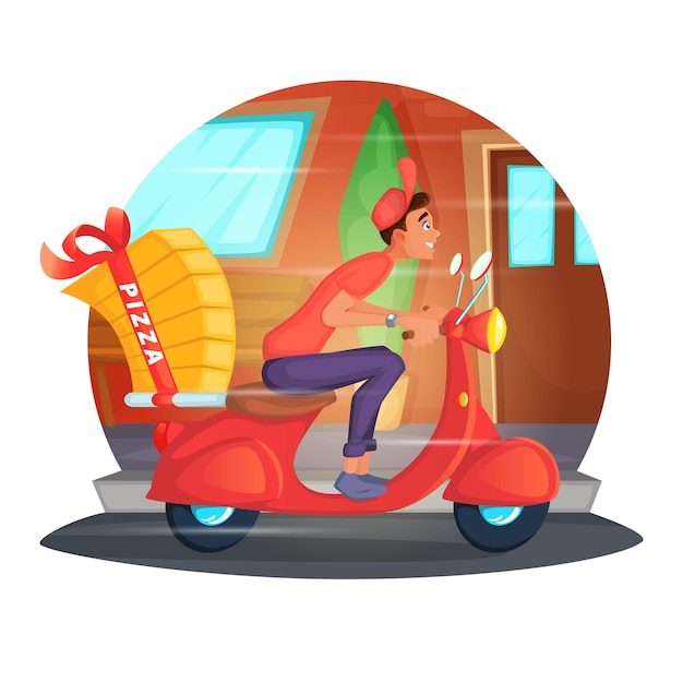 Premium Vector Illustration Of Scooter Courier Delivering Pizza Pizza Deliveryman Rides On The
