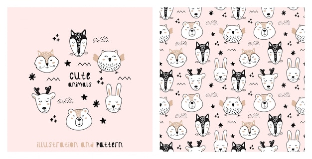 Premium Vector Illustration And Seamless Pattern With Cute Animals In Scandinavian Style