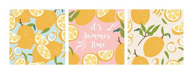新鮮なレモンとのイラストのシームレスなパターン カラフルな夏の壁紙 柑橘系の果物のコレクション プレミアムベクター