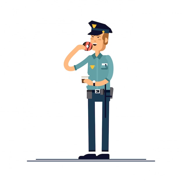 イラストセット男性警官キャラクター 制服を着た警官が立ってドーナツを食べています 公安職員の文字が白い背景で隔離 プレミアムベクター