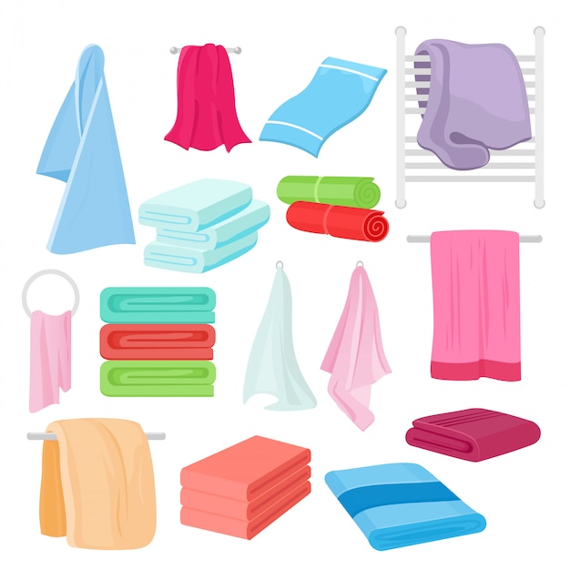 さまざまな色や形の漫画タオルのイラストセット お風呂用の布巾 プレミアムベクター