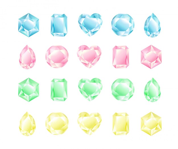 結晶のさまざまな形や色 ダイヤモンドコレクション パステルカラーのイラストセット プレミアムベクター