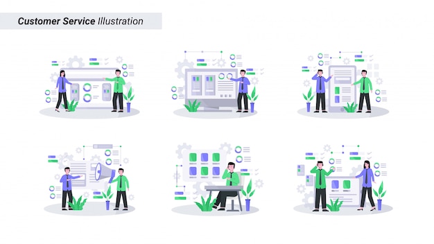 顧客サービスのイラストセットは 電話とライブで顧客に親切に対応しています プレミアムベクター