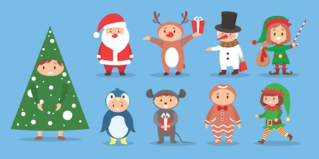 クリスマスの衣装を着ているかわいい子供たちのイラストセット 子供のためのクリスマス衣装パーティー 幸せなお祝い サンタクロース 雪だるま エルフ プレミアムベクター