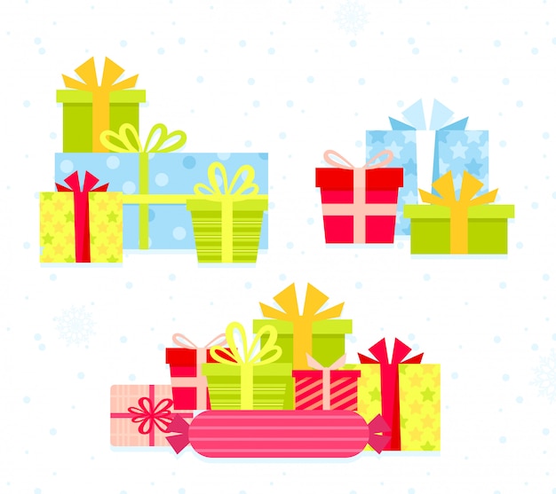異なるカラフルなギフトボックスのイラストセット フラット漫画デザインは 明るい色の弓が付いている箱を提示します クリスマスギフトコレクション 誕生日プレゼント プレミアムベクター
