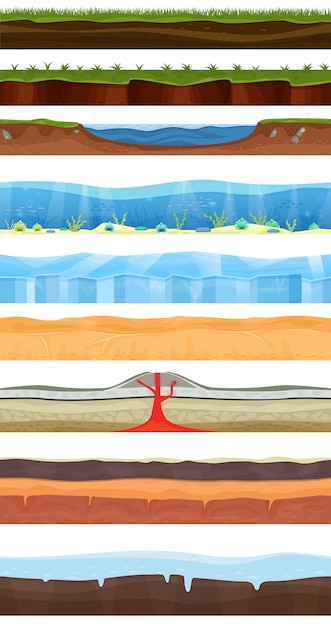 草 石 氷 海 海とゲームの地面シーンのイラストセット プレミアムベクター