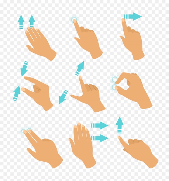 手のイラストセット さまざまな位置のタッチスクリーンジェスチャー Eで透明な背景に移動指の方向を示す青い色の矢印で指が移動します プレミアムベクター