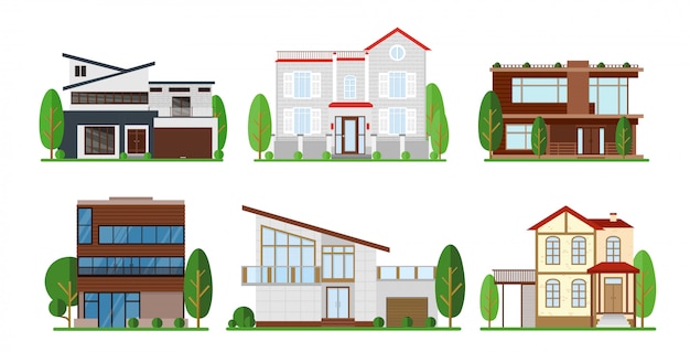 家の外装のイラストセット 近代的なアパート コテージ 建物のコンセプトのコテージ プレミアムベクター