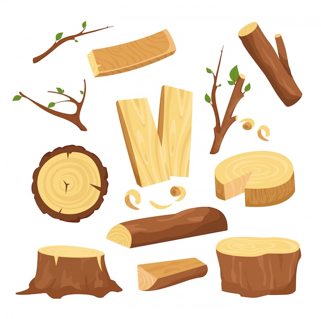 木材産業 木の丸太 木の幹 みじん切りの薪の木の板 切り株 小枝 漫画eの幹のための材料のイラストセット プレミアムベクター