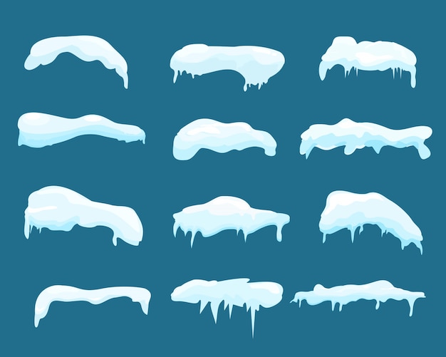 雪と氷のフレームのイラストセット 冬の雪のキャップ 吹きだまり 漫画フラットスタイルのつらら プレミアムベクター