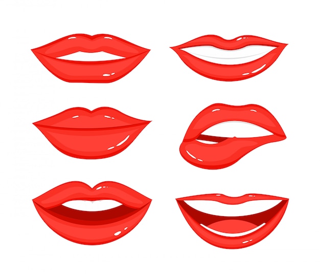 女性の唇のジェスチャーのイラストセット 別の位置 感情の女の子の口は白い背景の上のフラットスタイルの赤い口紅メイクでクローズアップ プレミアムベクター