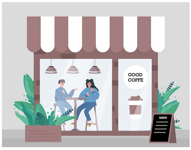 Download Illustration of a small business, a coffee shop. | Premium Vector