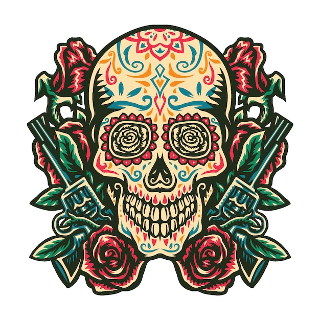 Premium Vector Illustration Of Sugar Skull With A Gun And A Rose