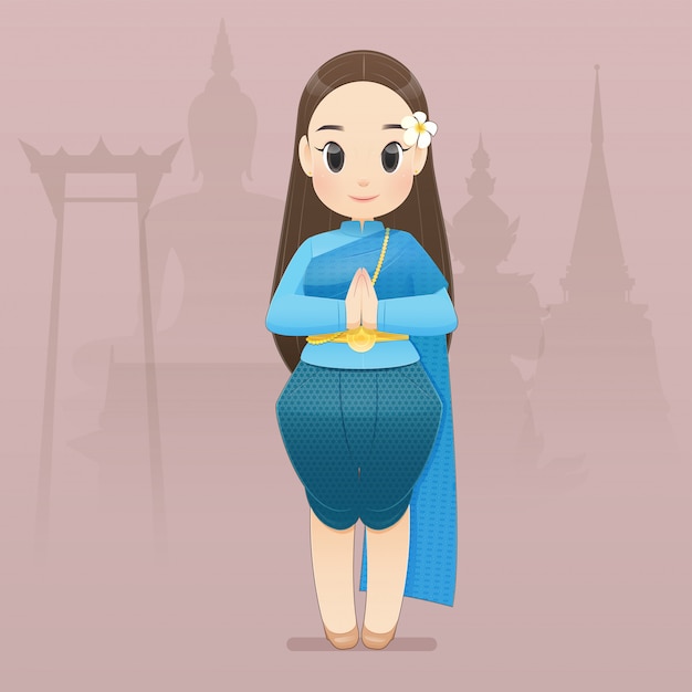 Premium Vector Illustration Thai Women In Thai Traditional Wear Say Hello Sawasdee Hello Sawadee With Bangkok Background Flat Character Illustration