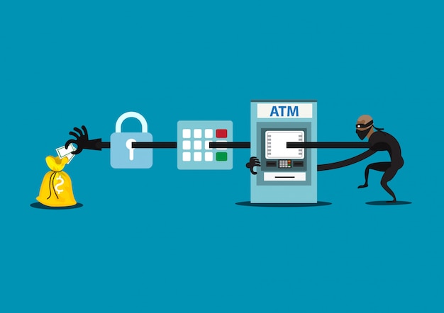 Illustration thief steals money from atm, blue cash machines, in black shirt, robber in mask. Premium Vector