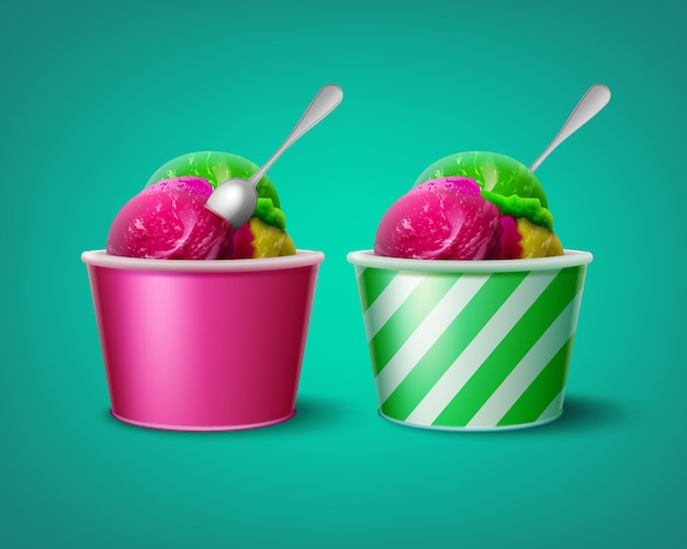 Download Free Vector Illustration Of Triple Ice Cream Scoops In Striped And Pink Paper Cups