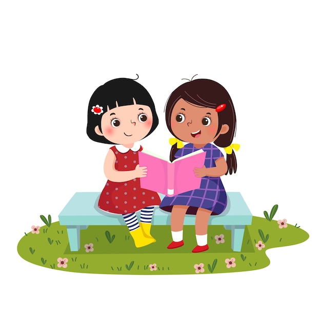 Premium Vector Illustration Of Two Little Girls Sitting On The Bench