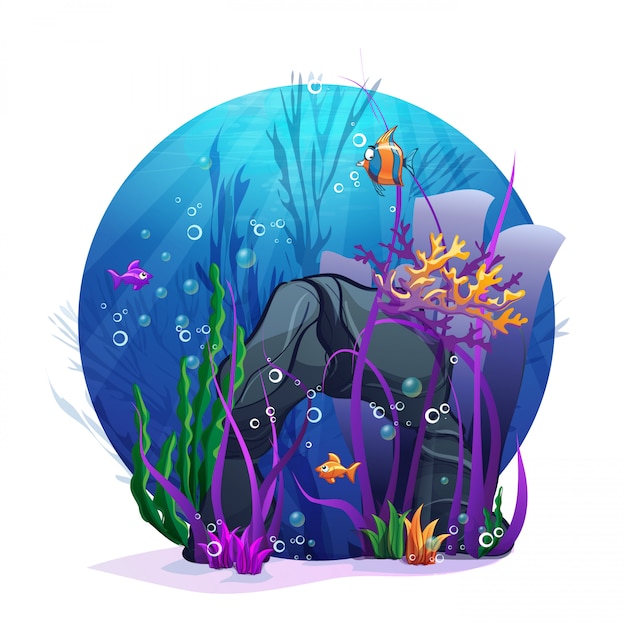 Premium Vector | Illustration of underwater rocks with seaweed and fish fun