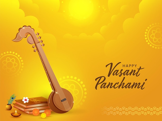 Premium Vector | Illustration of veena instrument with holy books ...