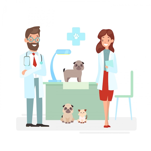 Premium Vector Illustration of veterinarians staff with cute animals