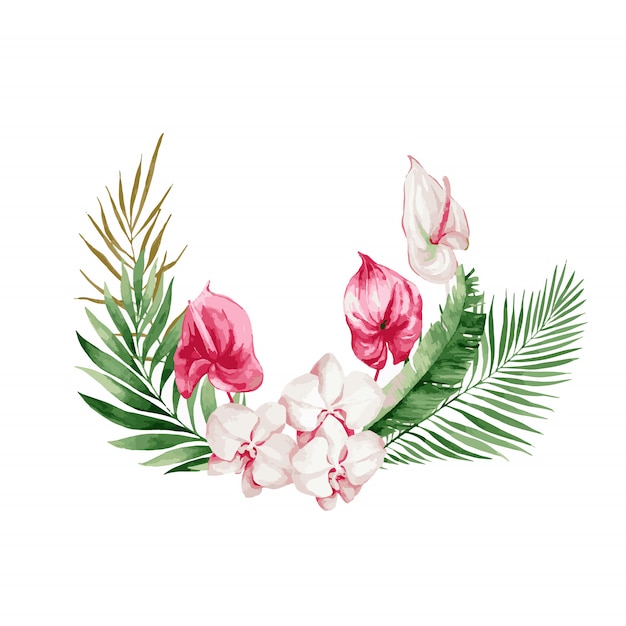 イラスト 熱帯の葉と花 白い蘭 ピンクのバラと白いアンスリウム モンステラとヤシの葉の水彩画の花束 プレミアムベクター