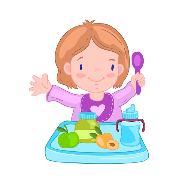 Download Illustration with cute baby girl in a bib with spoon near ...