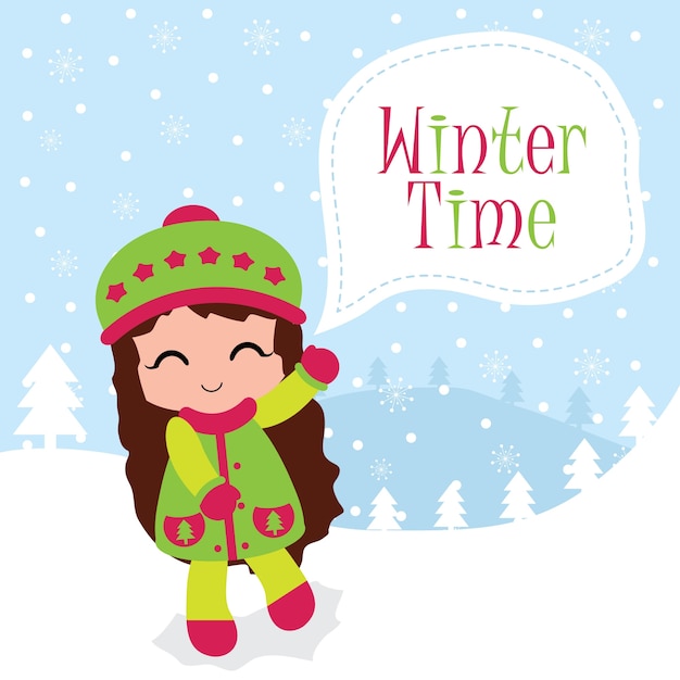 かわいい女の子と冬の時間のテキストとクリトリスカードのデザインに適したイラスト プレミアムベクター