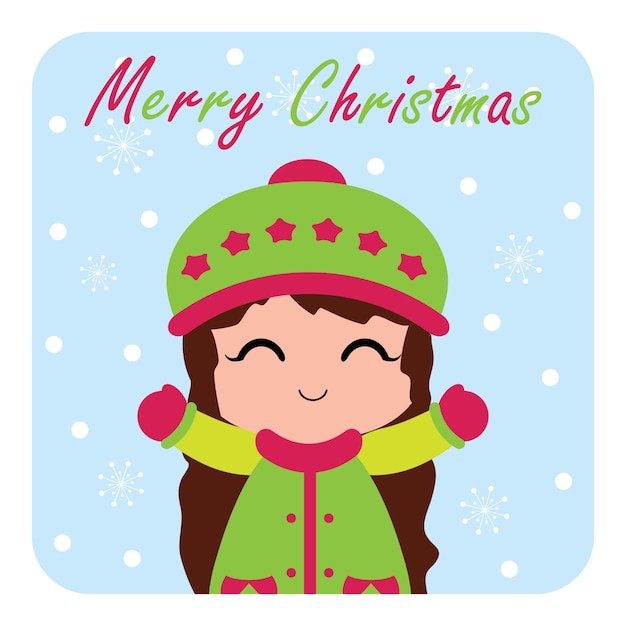 かわいい女の子とイラストは クリスマスカードのデザインに適した雪の秋を楽しむことが幸せです プレミアムベクター