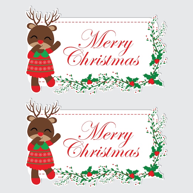 プレミアムベクター かわいいトナカイの女の子とイラストは クリスマスのラベルデザインに適した幸せと赤いベリーのテキストフレームです