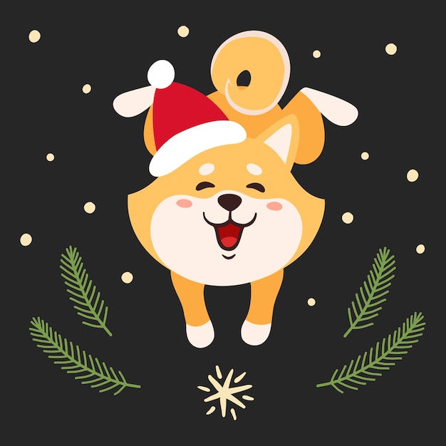 白で隔離のサンタ帽子のかわいい柴犬のイラスト クリスマスツリーの枝と雪片とカラフルな漫画の日本の犬 プレミアムベクター