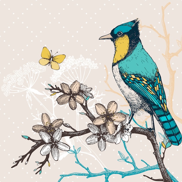 手でイラストは咲く木の小枝に鳥を描きます 蝶と花と緑の鳥のヴィンテージのスケッチ プレミアムベクター