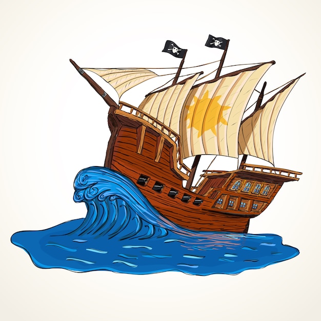波に手描きの海賊船のイラスト 夏の冒険のコンセプト プレミアムベクター
