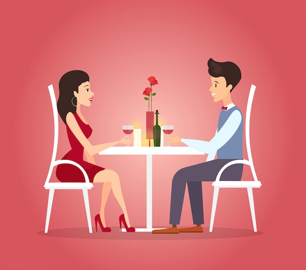 カップルのロマンチックなディナーのイラスト デートのコンセプト 美しい女性と漫画のスタイルでハンサムな若い男のバレンタインデーのお祝い プレミアムベクター