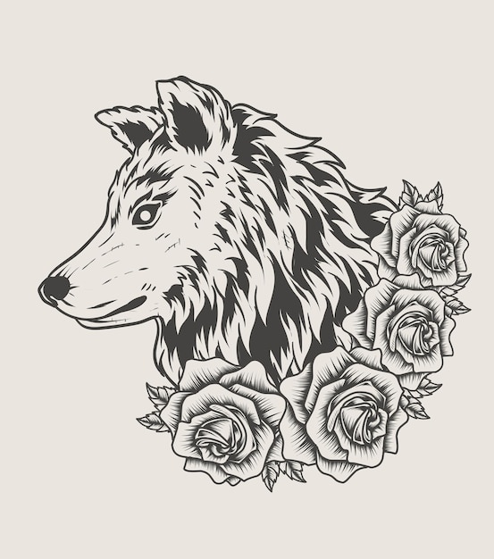 バラの花のモノクロスタイルのイラストオオカミの頭 プレミアムベクター