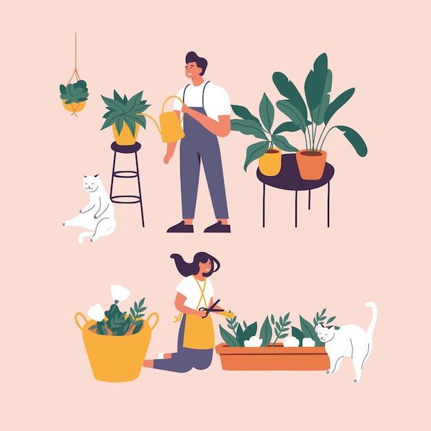 イラストプランターで育つ観葉植物の世話をする女性と男性 家で鉢植えの植物を栽培している若いかわいい女性 プレミアムベクター